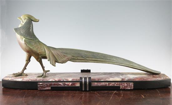 A large French Art Deco patinated model of a pheasant, 34in.